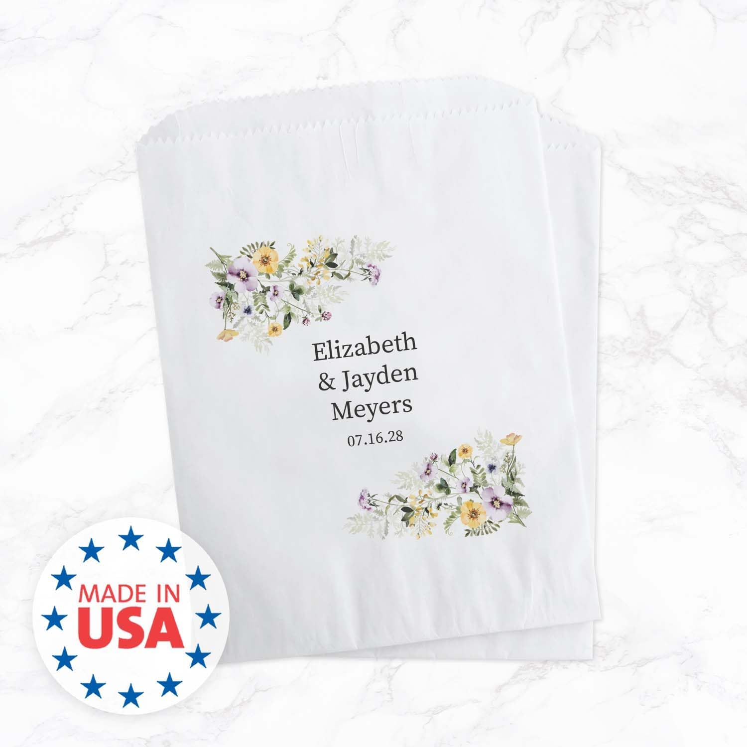Canopy Street Personalized Dainty Wildflower Corners Names Treat Bags / 50 Custom Event Dessert Bags / 5 3/4" x 8" Floral Cookie Holder Wedding Anniversary Favor/Made In The USA