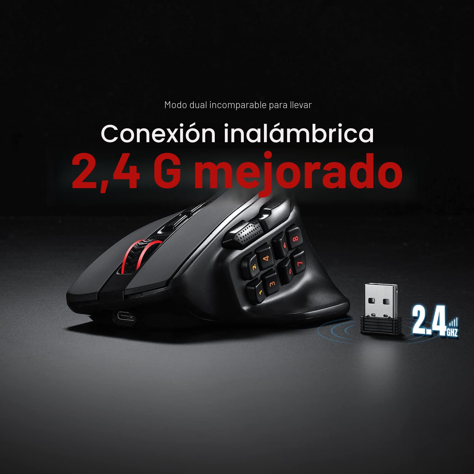 Redragon M811 Pro Ratón inalámbrico para Juegos MMO, 15 Botones programables RGB con Agarre ergonómico Natural, 10 Teclas Macro Laterales, Software admite teclados DIY y