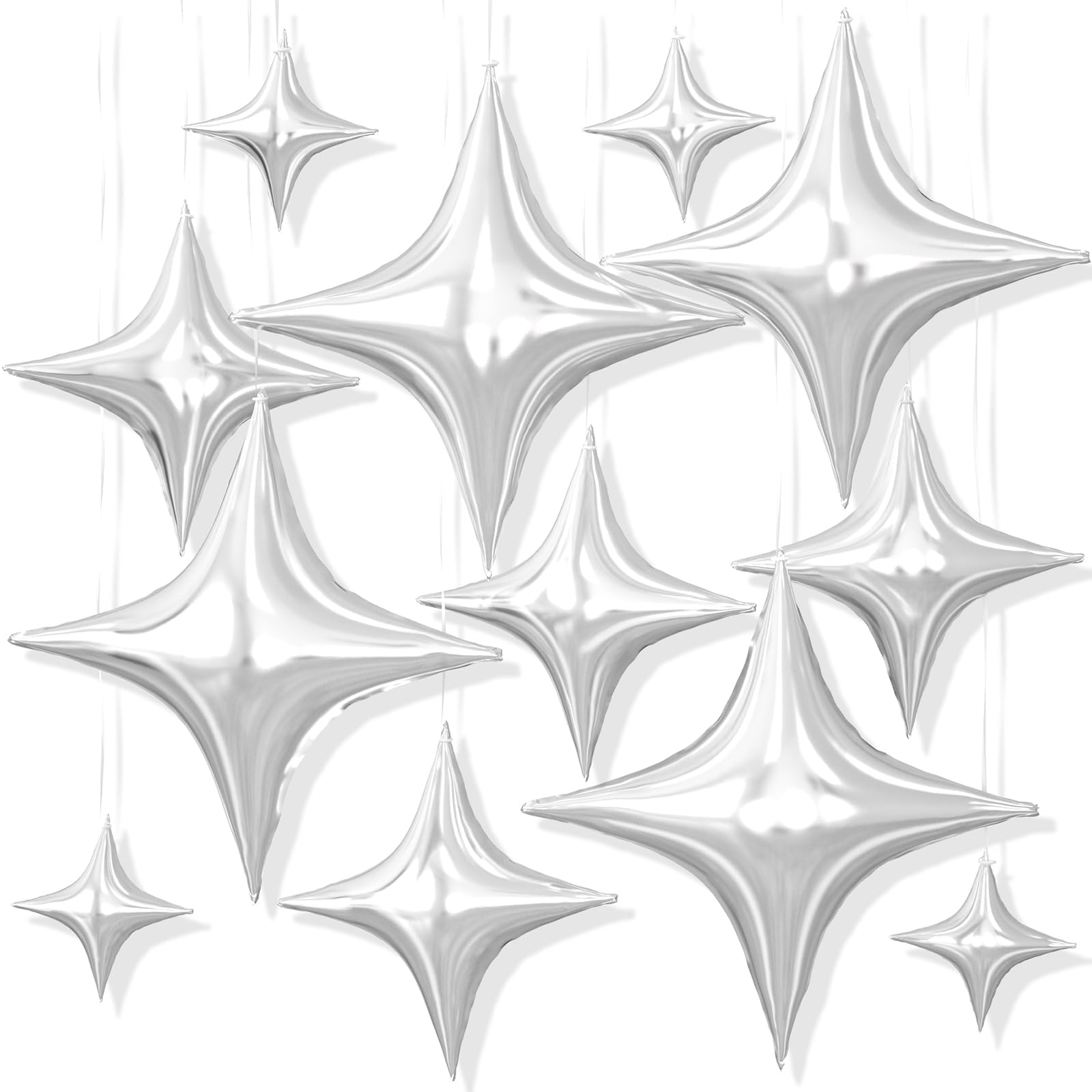 12PCS Silver Star Balloons, 26/18/10 Inch Star Foil Balloons, Metallic Silver Four Pointed Stars Balloon for Birthday Baby Shower Graduation Wedding Anniversary Bachelorette New Year Party Decorations โ image 1