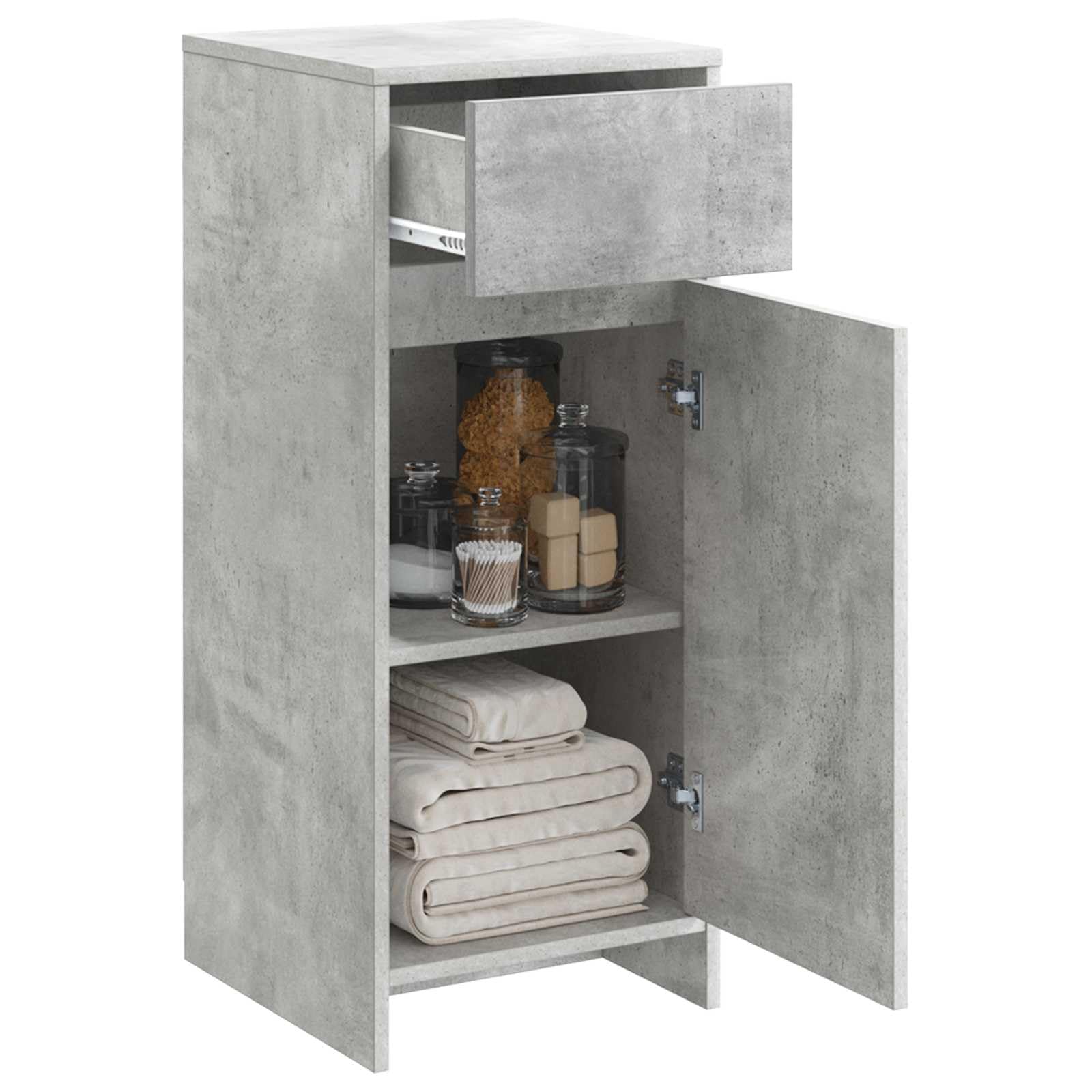 Armario de baño gris hormigón de madera 35 x 36,5 x 85 cm con cajón y puerta, armario bajo compacto para cuarto de baño, práctico espacio de almacenamiento y orden en el inodoro de invitados