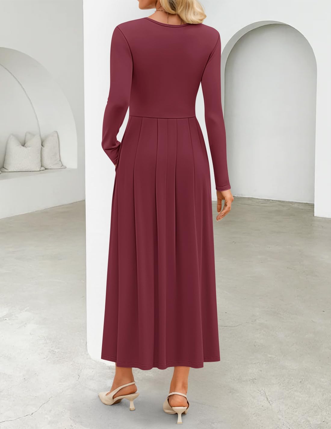 ZESICA Women's Elegant Long Sleeve Maxi Dress 2026 Spring Crewneck Knit High Waist Pleated Flowy A Line Casual Party Dresses - Image 4