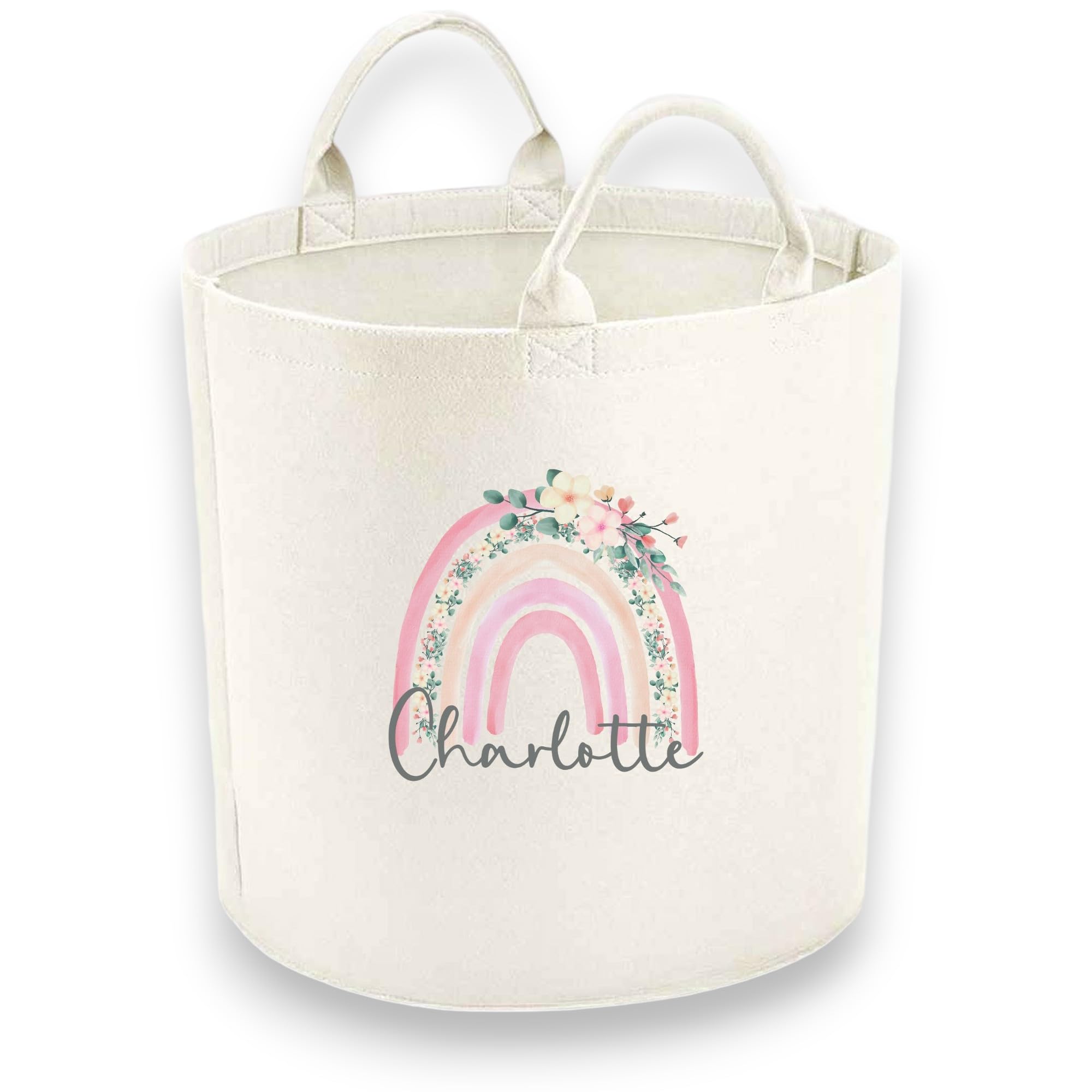 Personalised Child Felt Toy Tub with a Pink Rainbow Print (Various Sizes) (Medium: 40cm x 40cm) Toy Storage Tub | Laundry Basket (Medium (40x40cm))
