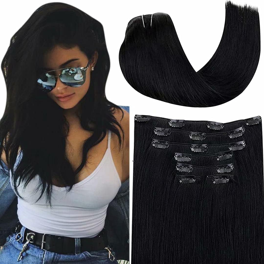 Hetto Clip in Hair Extensions Real Human Hair Black 22 Inch 120g 7Pcs
