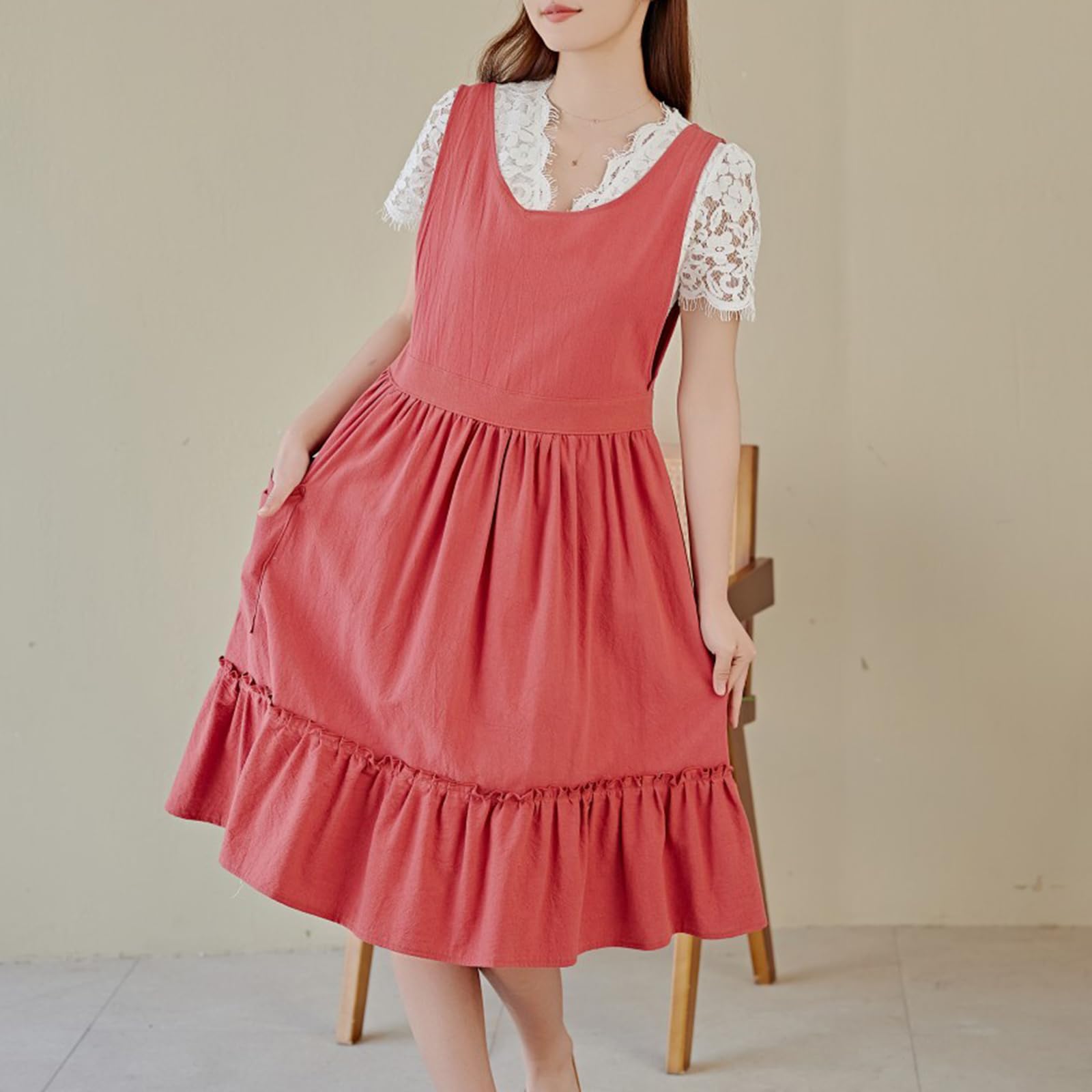 Mujer Algodón Delantales Estilo Japones Vendaje Cruzado Delantal Literatura Arte Tienda Ropa por Mujeres Hombres Cocinando Cocina Red,One Size