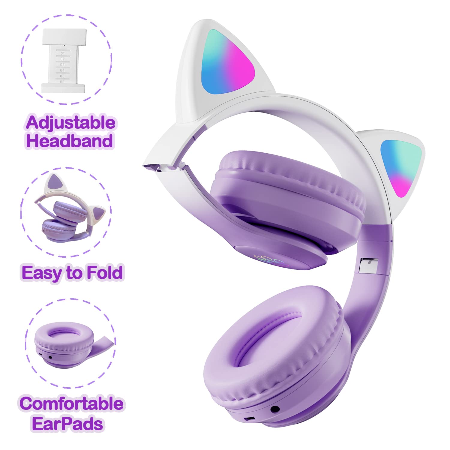 Auriculares inalámbricos Bluetooth con micrófono para niños, adolescentes y adultos (Pro-Morado) | Auriculares con orejas de gato para niñas, adolescentes y adultos