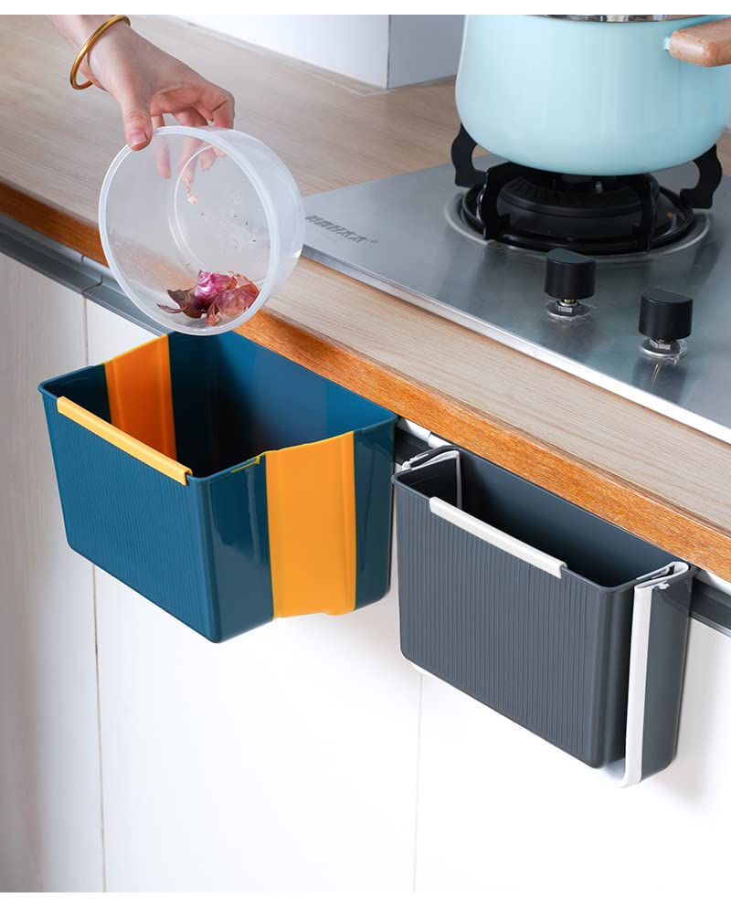 Miniatura 3 de Basurero colgante de cocina, cubo de basura plegable para cocina, 3 litros, pequeña basura para gabinetecochedormitoriobaño (azul)