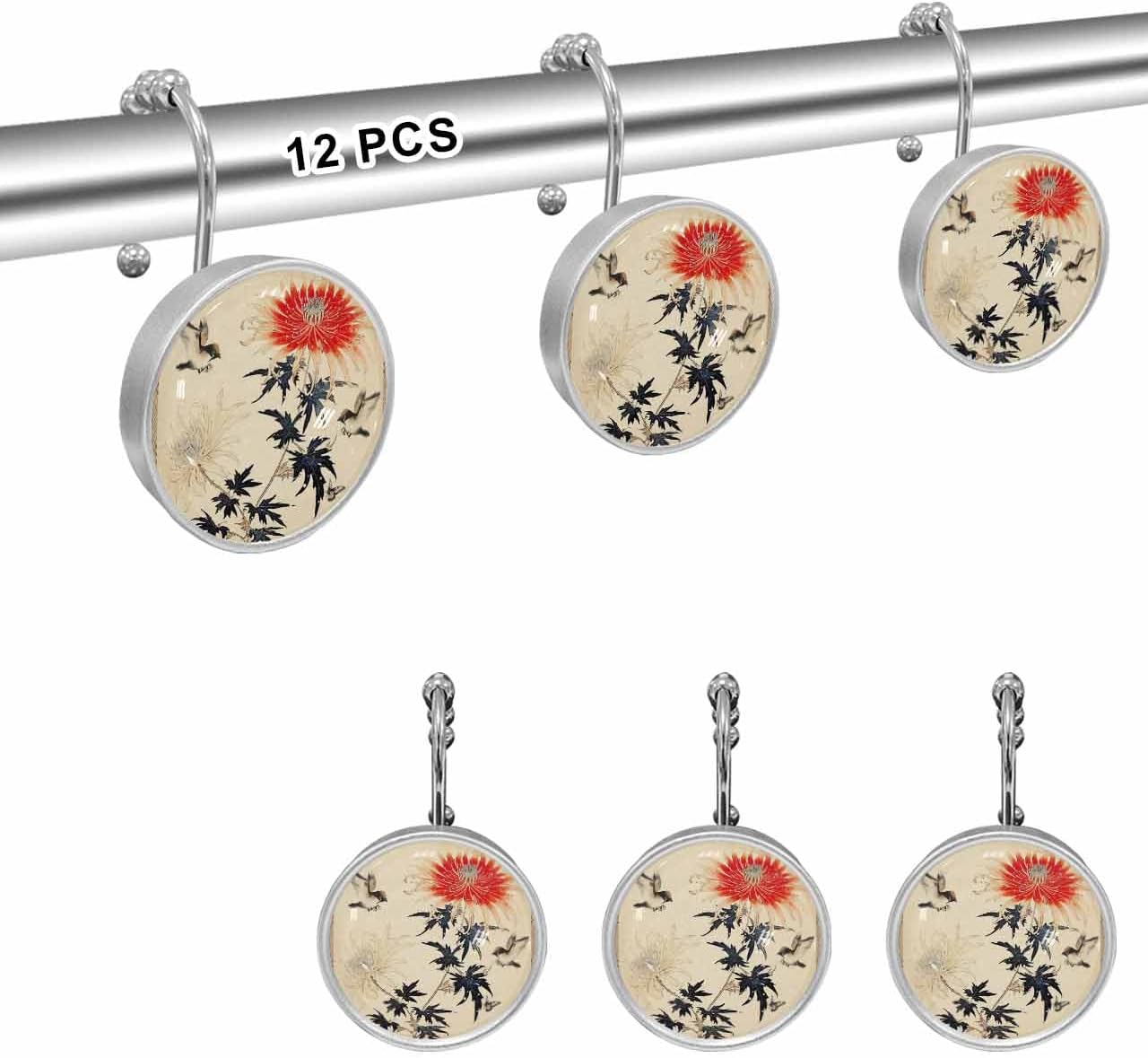 Shower Curtain Hooks 12 Pcs, Vintage Flowers Chrysanthemum Bird Butterfly Stainless Steel Rust Proof Rolling Shower Curtain Rings, Decorative Shower Curtain Hooks Hangers for Bathroom