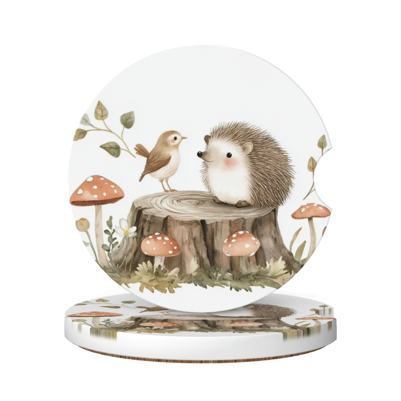 Hedgehog Bird Mushrooms Absorbent Car Coasters 2 Pack Cup Holders, 2.56" Ceramic Stone & Non-Scratch Cork Base Drink Coasters Cute Car Assecories for Women Men