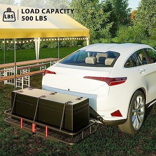 Unovivy 60" X 24" X 6" Folding Cargo Carrier Hitch, 500 Lbs Capacity Hitch Cargo Carrier Rack Fits 2" Receiver, Hitch Mount Cargo Carrier With Waterproof Cargo Bag, Straps & Hitch Lock, Black #TOP3