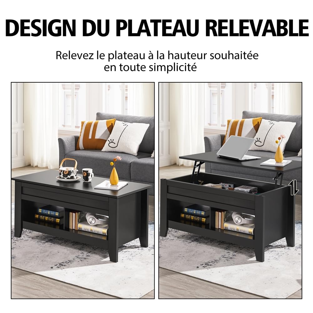 Yaheetech Table de Basse Relevable avec Plateau relevable, Table de Salon Fonctionnelle avec Deux Compartiements Caché, Design Moderne en Bois MDF 104 x 49 x 49/61 cm Noir