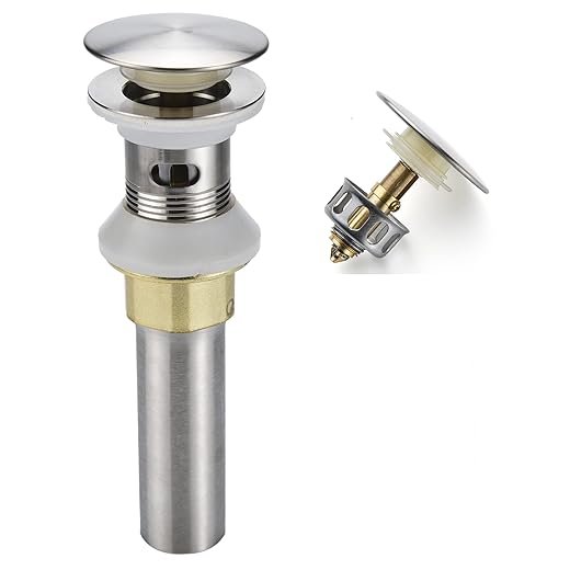 Rockgoya Bathroom Sink Drain,Drain Stopper Bathroom Sink With Overflow,Pop Up Drain Assembly With Detachable Strainer Basket,Built-In Anti-Clogging Strainer,Stainless Steel Brushed Nickel