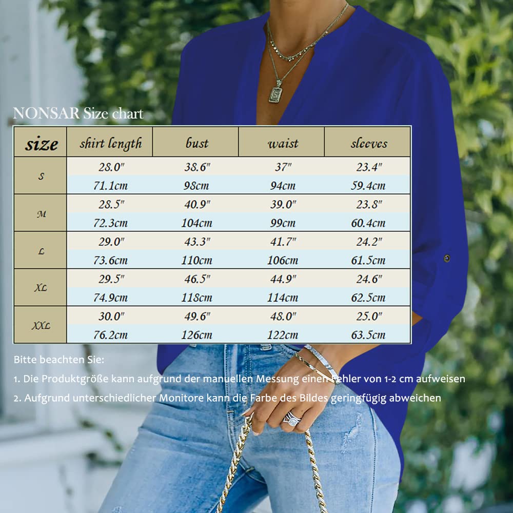 NONSAR Camicetta da donna Henley, elegante, con scollo a V, maniche arrotolabili, in stile casual