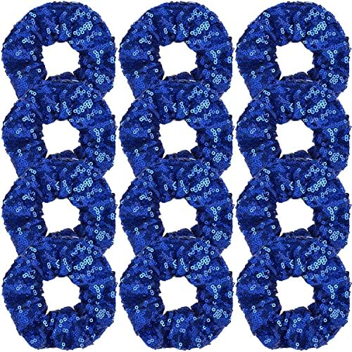 12 Pcs Sequin Hair Scrunchies Hair Bobbles Metallic Elastics Ponytail Holders Hair Wrist Ties Bands Cloth Scrunchies for Show Gym Dance Party Club Girl Women (Blue)