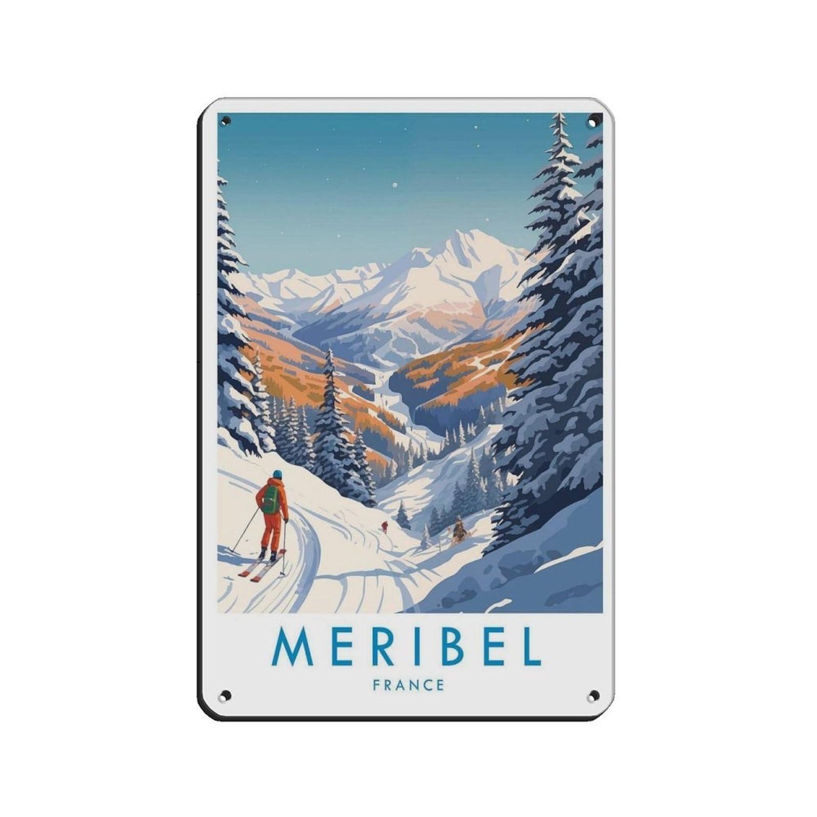 Meribel Travel Poster, France, Travel Decor Tin Sign Vintage Metal Pub Club Cafe Bar Home Wall Art Decoration Poster Retro 8x12inch(20x30cm)