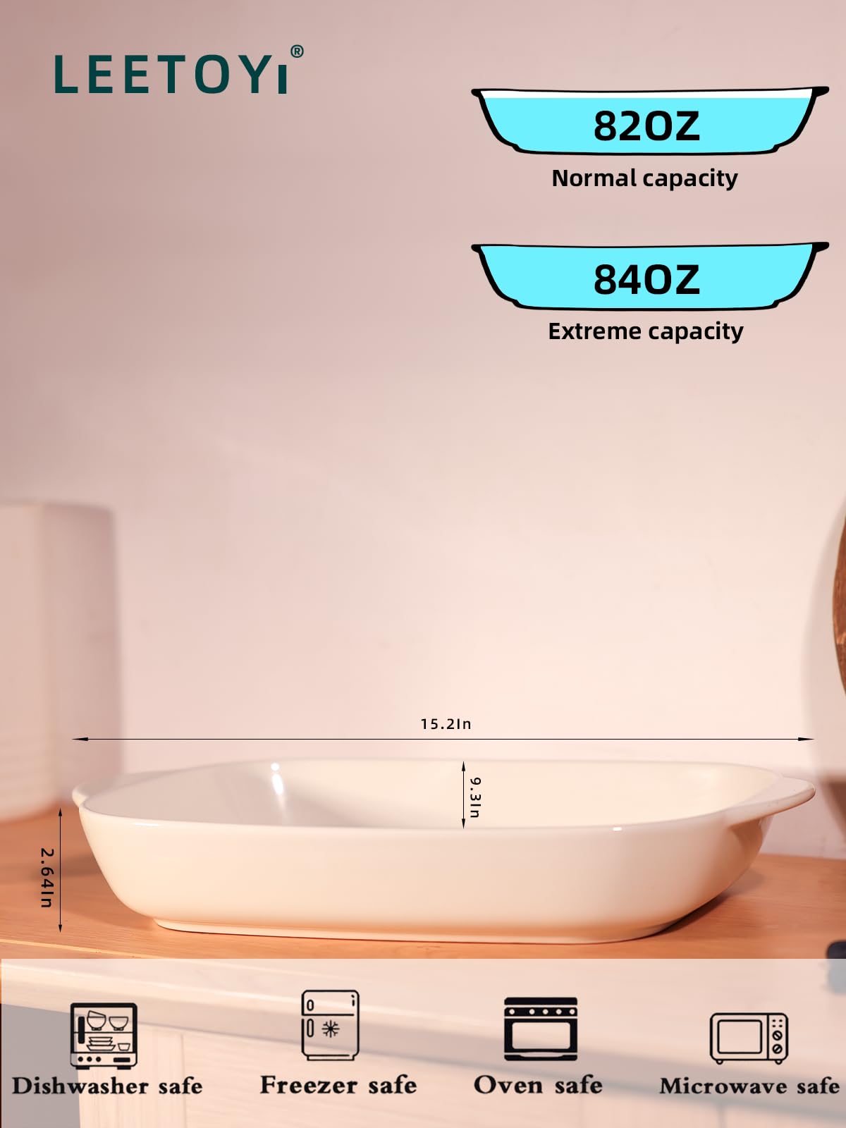 LEETOYI Juego de 2 platos de cerámica para hornear, porcelana de 2 piezas rectangulares con doble asa, panes para cocinar y cenar para tartas de 15,2 pulgadas, blanco apagado