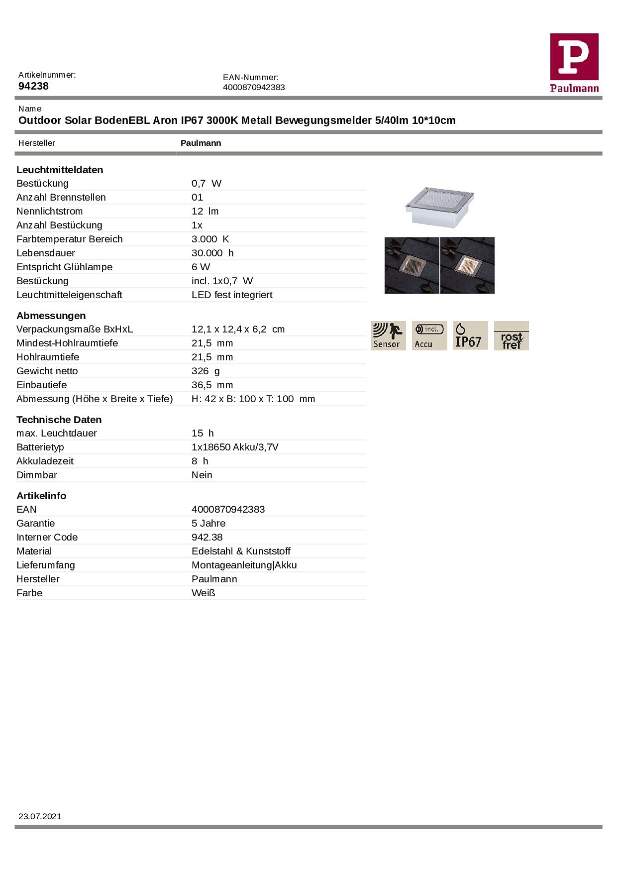 Paulmann 94238 Aron Spot solaire encastrable au sol LED carré avec 1 ampoule 0,7 W en acier inoxydable et plastique Blanc chaud 3000 K
