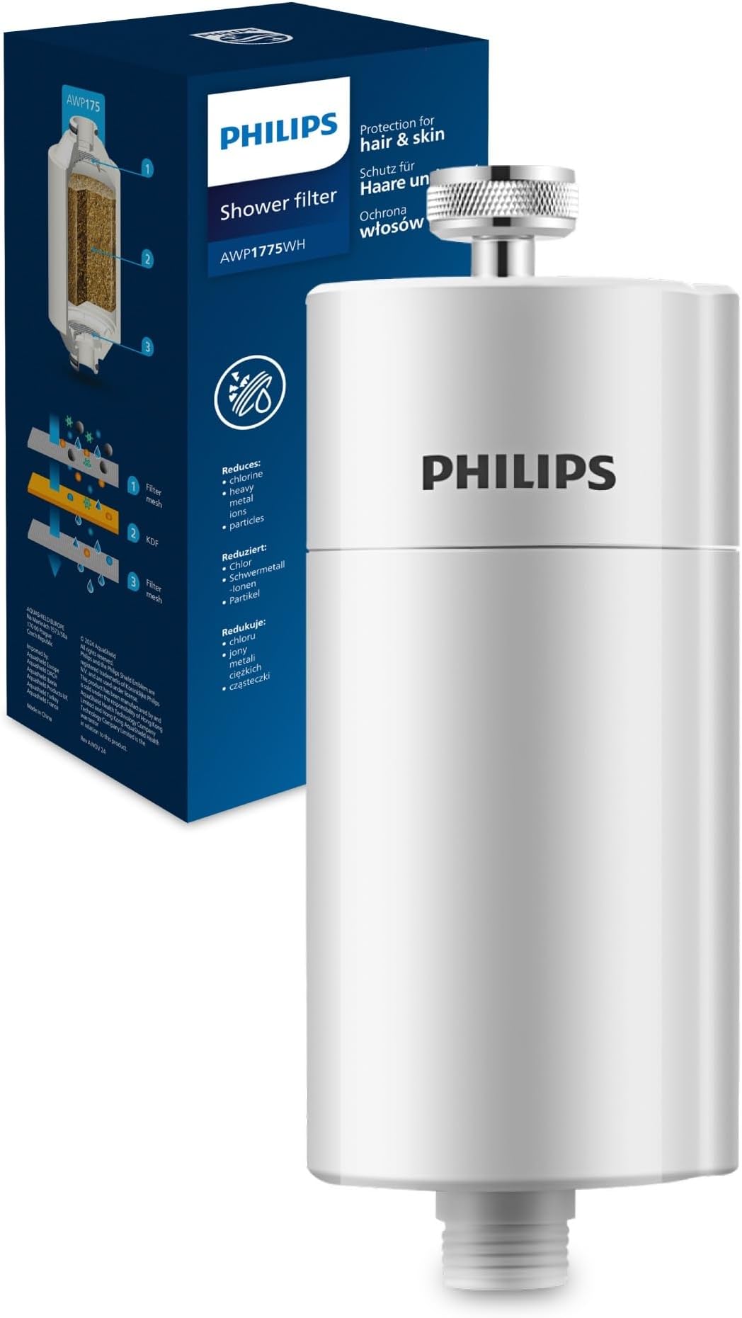 Philips Water AWP1775 - Inline Shower Filter - Reduces Chlorine by up to 99% Easy to Install | Fits All UK and Eire Shower Hoses and Taps | White