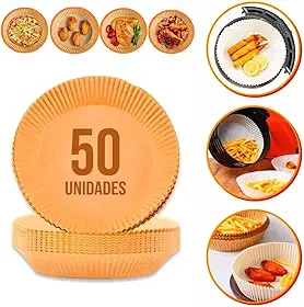 Forro de Papel Manteiga Antiaderente para Air Fryer - 50 Unidades | Ideal para Assar Carne, Pães, Bolos e Cookies | Descartável, Impermeável | Resistência a Altas Temperaturas Meepy & Co