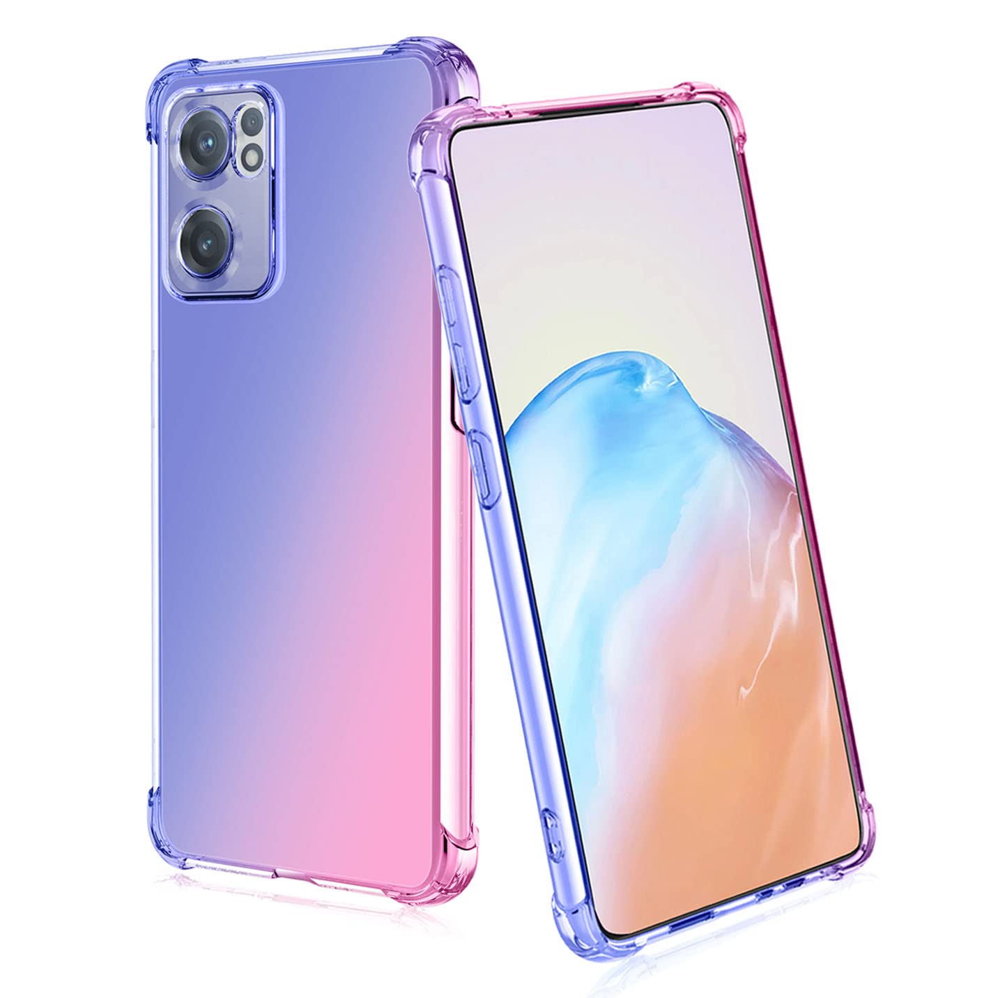 Cover Trasparente TPU Per Oppo Find X5 Lite + 2 Vetri Temperati - Morbida, Ultra Sottile, Angoli Rinforzati - Viola/Blu - 2