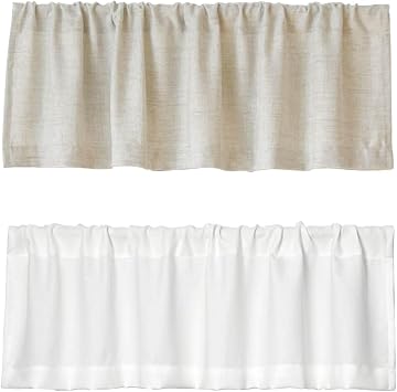 Faux Linen Valance for Windows Kitchen Living Room Valances Rod Pocket Farmhouse Country Rustic Bathroom Small Window Treatment 54x15 inch, 1 Pack Natura and 1 Pack Whitel