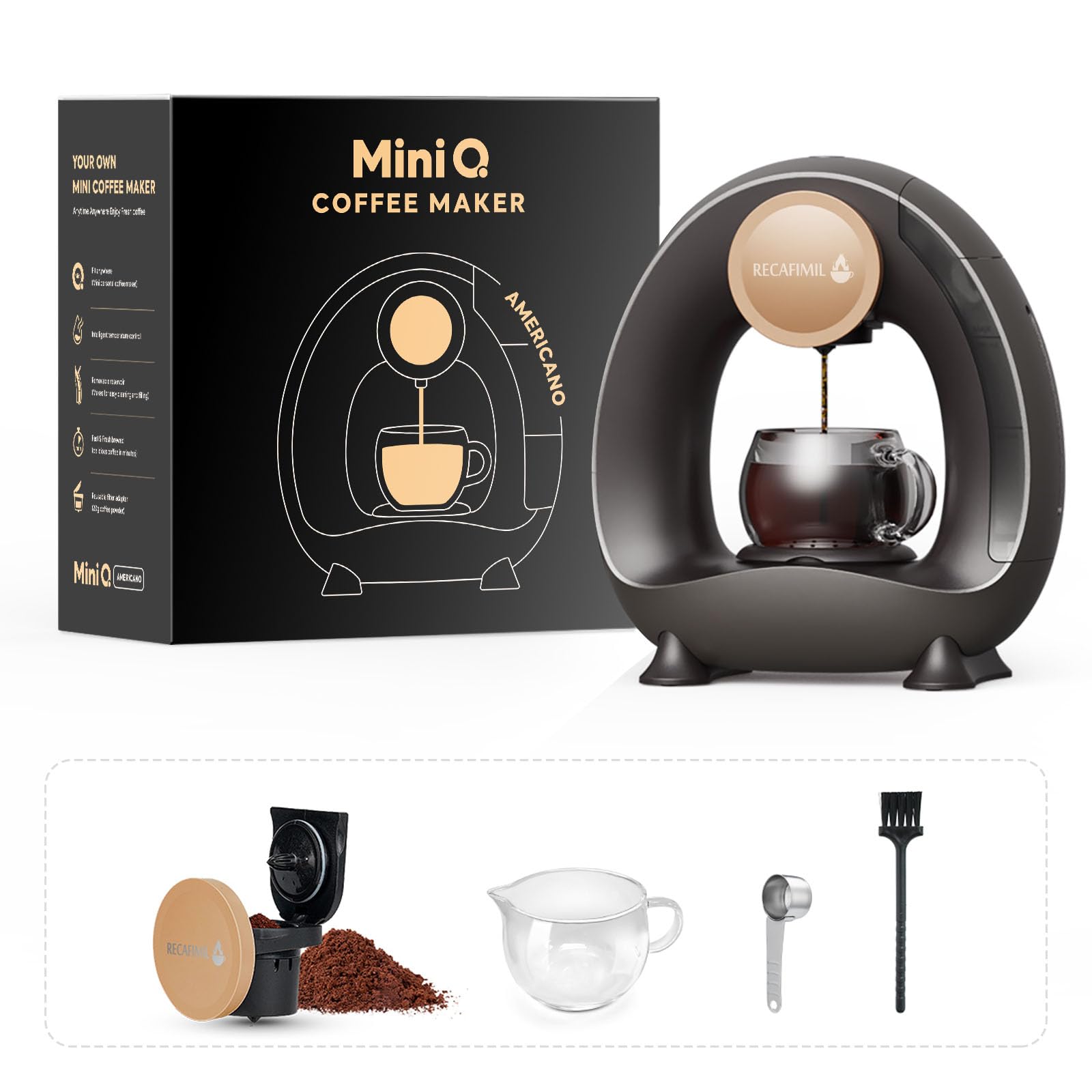 RECAFIMIL Mini machine à café à portion unique pour café moulu, machine à café simple à infusion rapide avec réservoir d'eau amovible de 240 ml, machine à café Americano (noir)