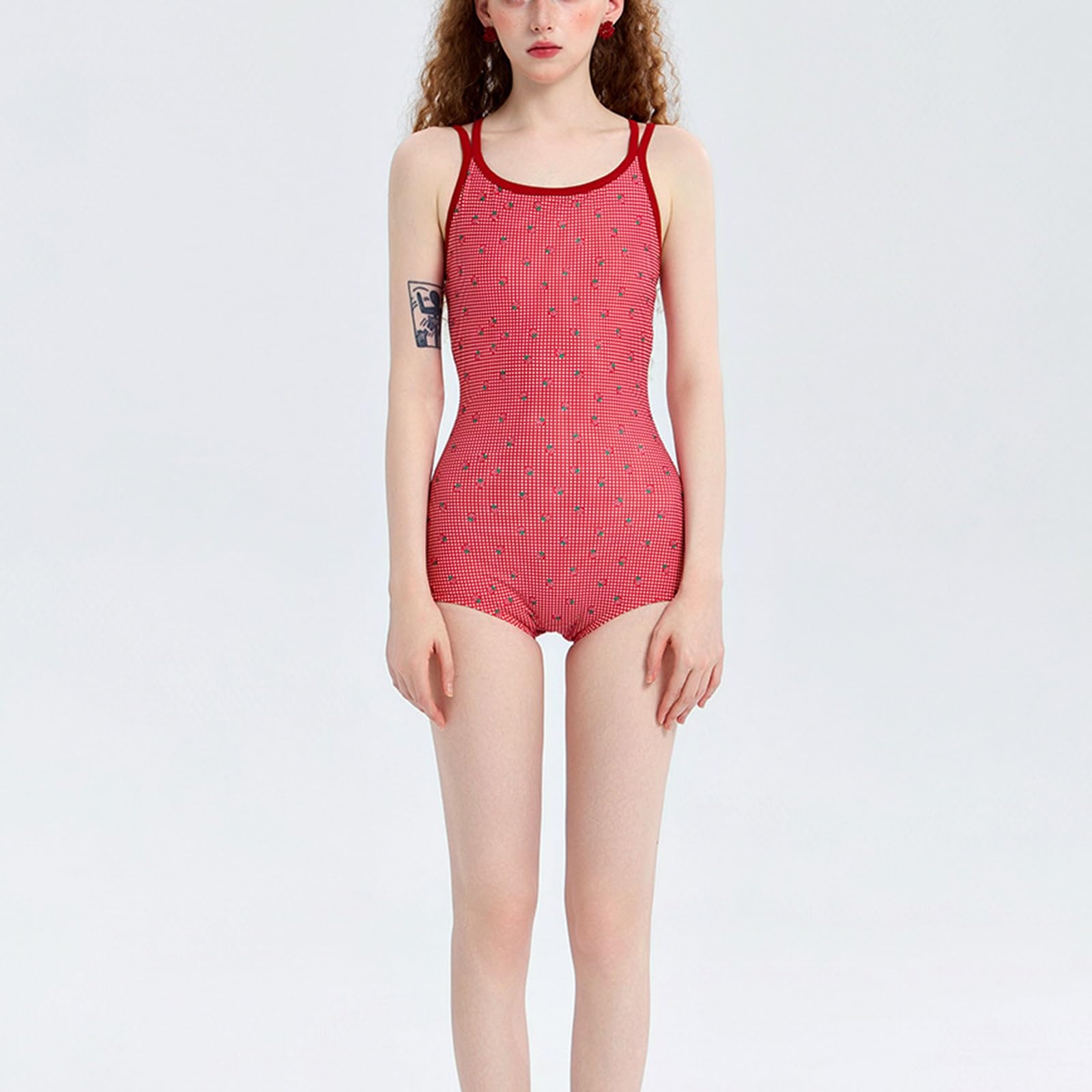 Costume da Bagno Intero A Quadretti Rossi, con Stampa A Fragole, Spalline Incrociate sulla Schiena, Imbottiture Removibili sul Seno, per Le Vacanze al Mare e in Piscina