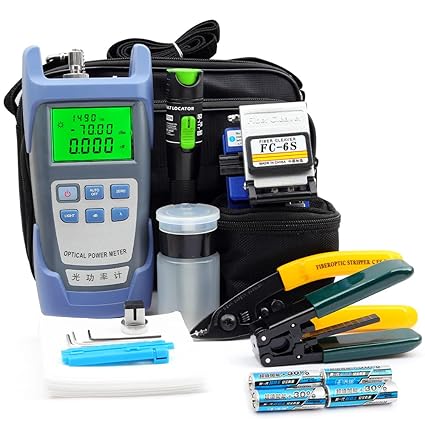 FTTH Fiber Optic Cold Connection Assembly Termination Tools Kit Bag with Optical Power Meter Finder Visual Fault Locator FC-6S Fiber Cleaver SC FC Connector Cable Tester Stripper Tool Dust Free Paper