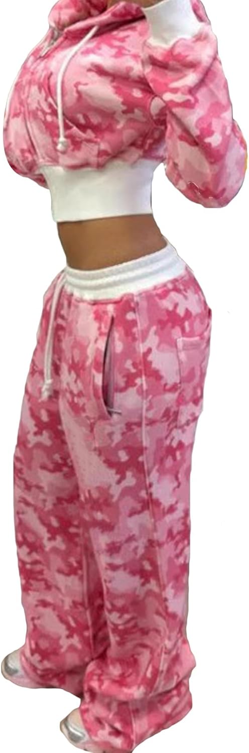 Womens 2 Piece Camo Sweatsuit Set Camouflage Crop Zip Up Hoodie Sweatshirt Y2k Wide Leg Sweatpants Track Suits