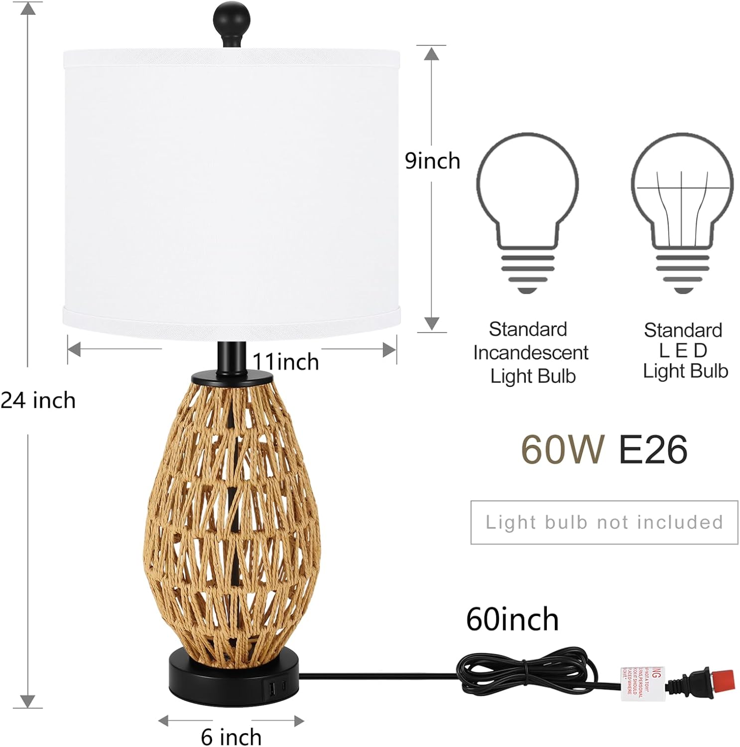 Coastal Table Lamps Set of 2, Retro Rattan Woven 24" Bedside Lamp, for Bedroom Living Room Home Nightstand Table Lamp(with USB C+A 5V 2.1A Charging Ports)