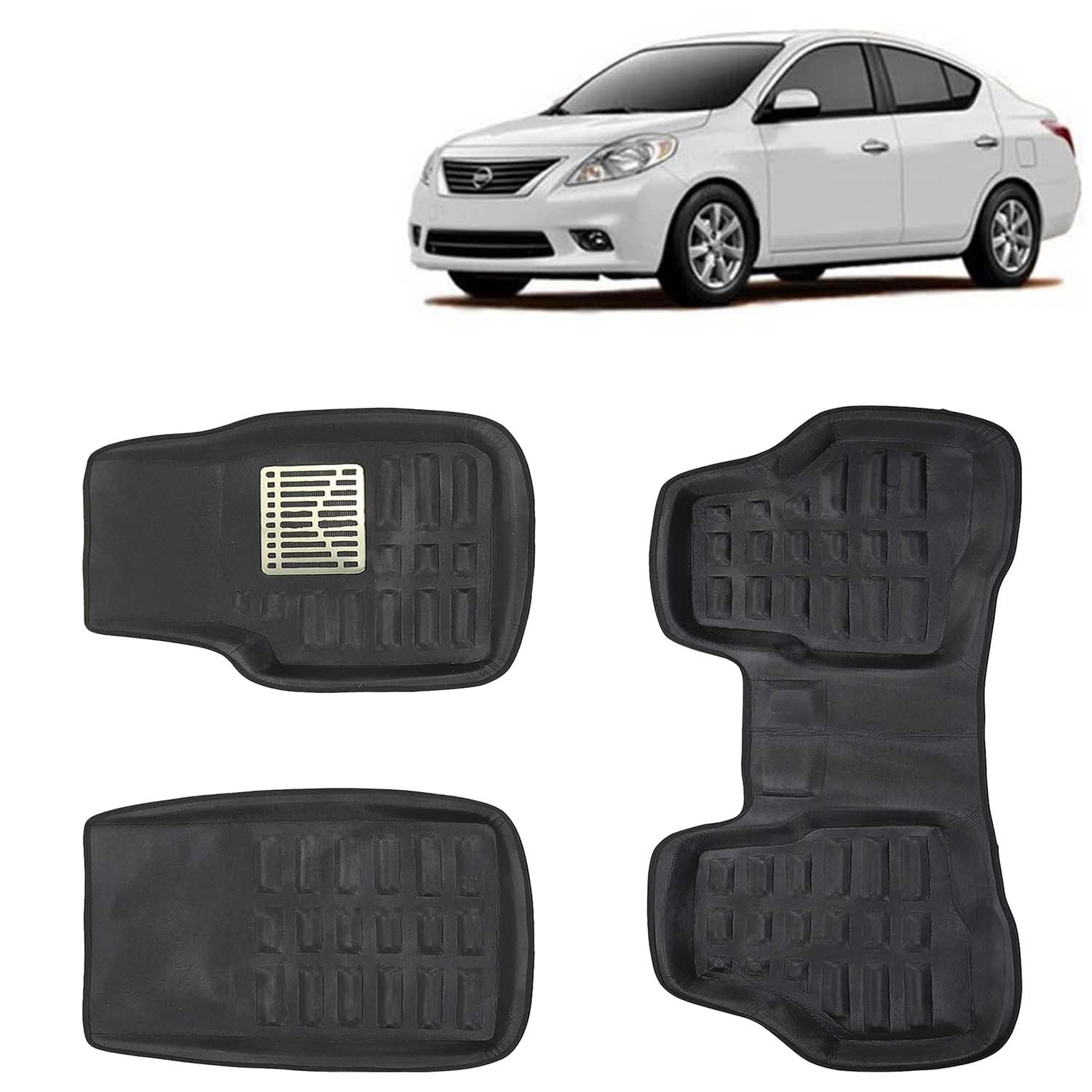 KINGSWAY® 4D Car Floor Foot Mats Compatible with Nissan Sunny (Year 2011-2014) - Complete Set of 3 Pieces, Top-Notch PVC Material, Washable, Black