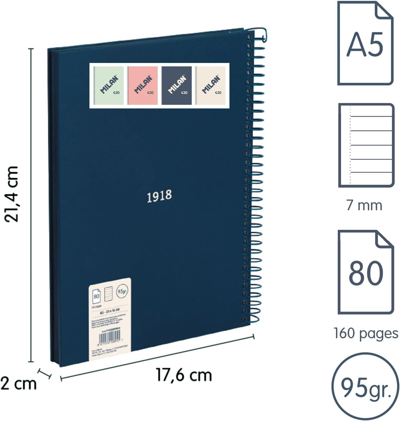 MILAN® A5 Hardcover Notebook - 7mm Lined Paper - 80 Sheets 95gsm - 430 Collection - Blue