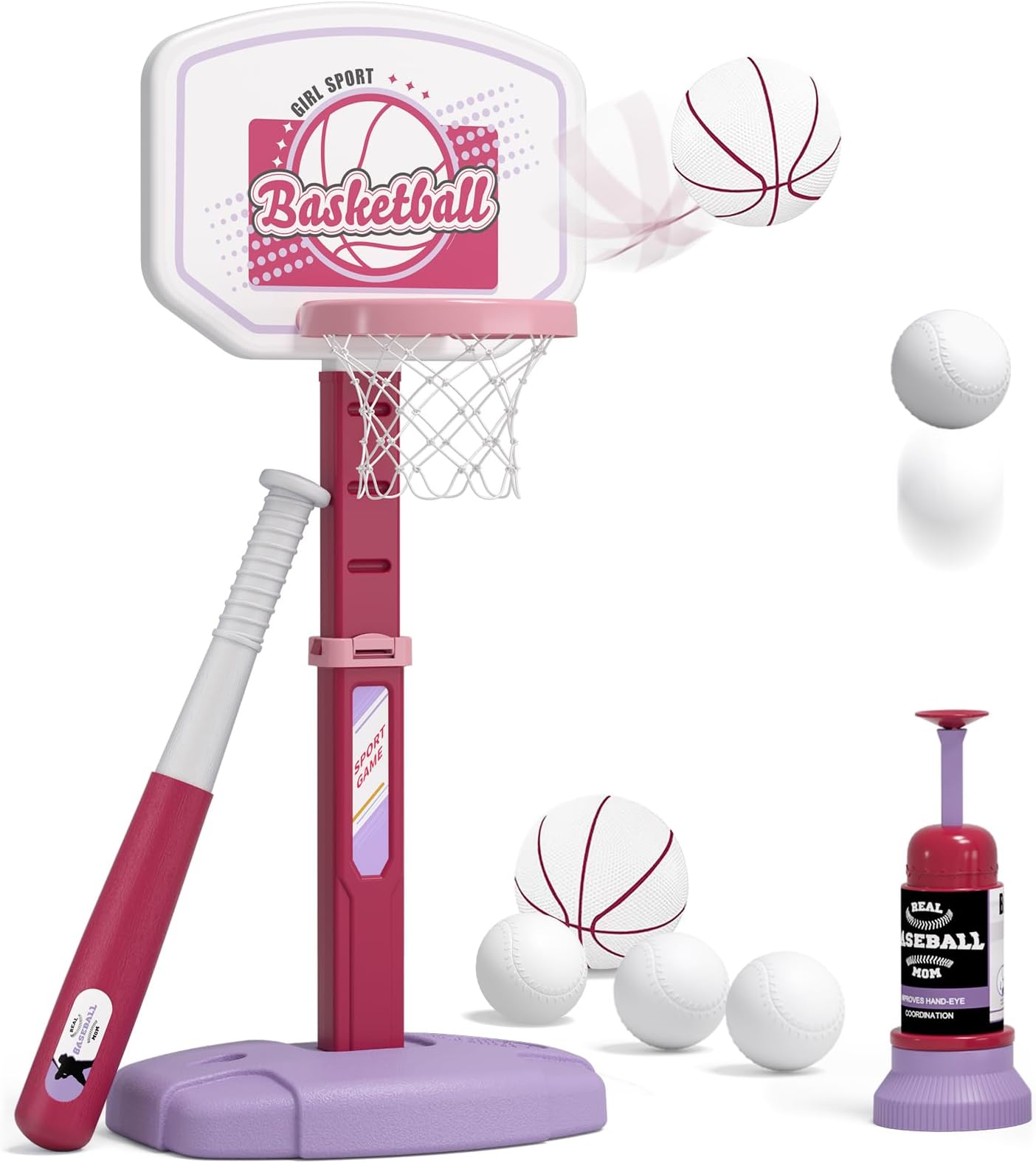 HYES 2 in 1 Kids Basketball Hoop and T Ball Set - Adjustable Height, Kids Baseball Tee with Automatic Pitching Machine, Indoor Outdoor Sport Toys Gifts for Toddler Boys Girls Age 1-5, Pink