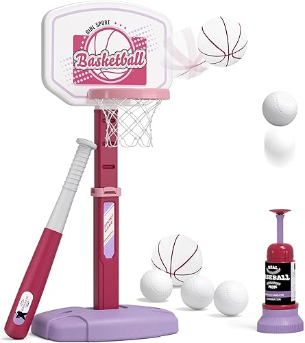 Juego de aro de baloncesto y pelota en T 2 en 1 para niños, altura ajustable, camiseta de béisbol para niños con máquina de lanzamiento automática,