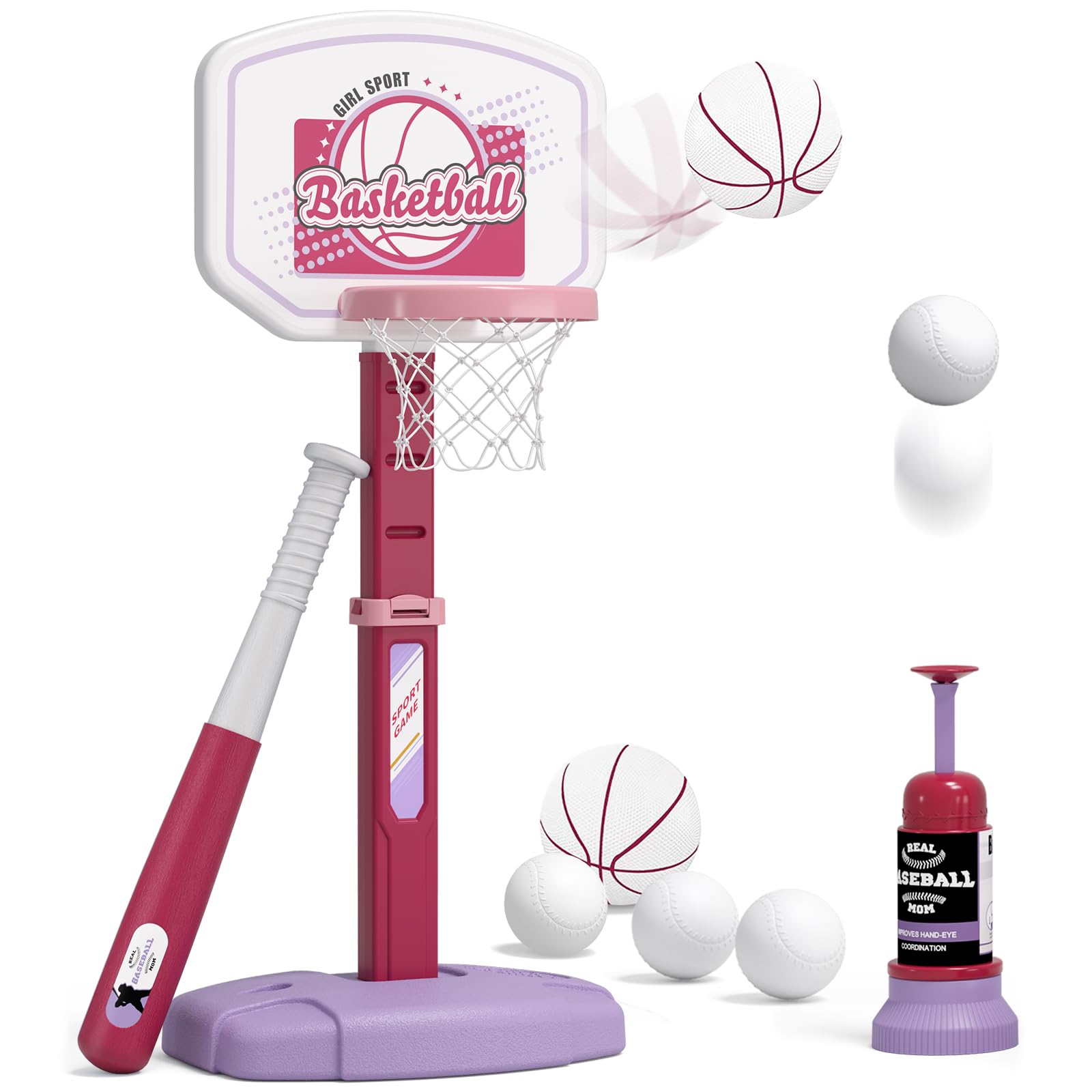 2 in 1 Kids Basketball Hoop and T Ball Set - Adjustable Height, Kids Baseball Tee with Automatic Pitching Machine, Indoor Outdoor Sport Toys Gifts for Toddler Boys Girls Age 1-5, Pink