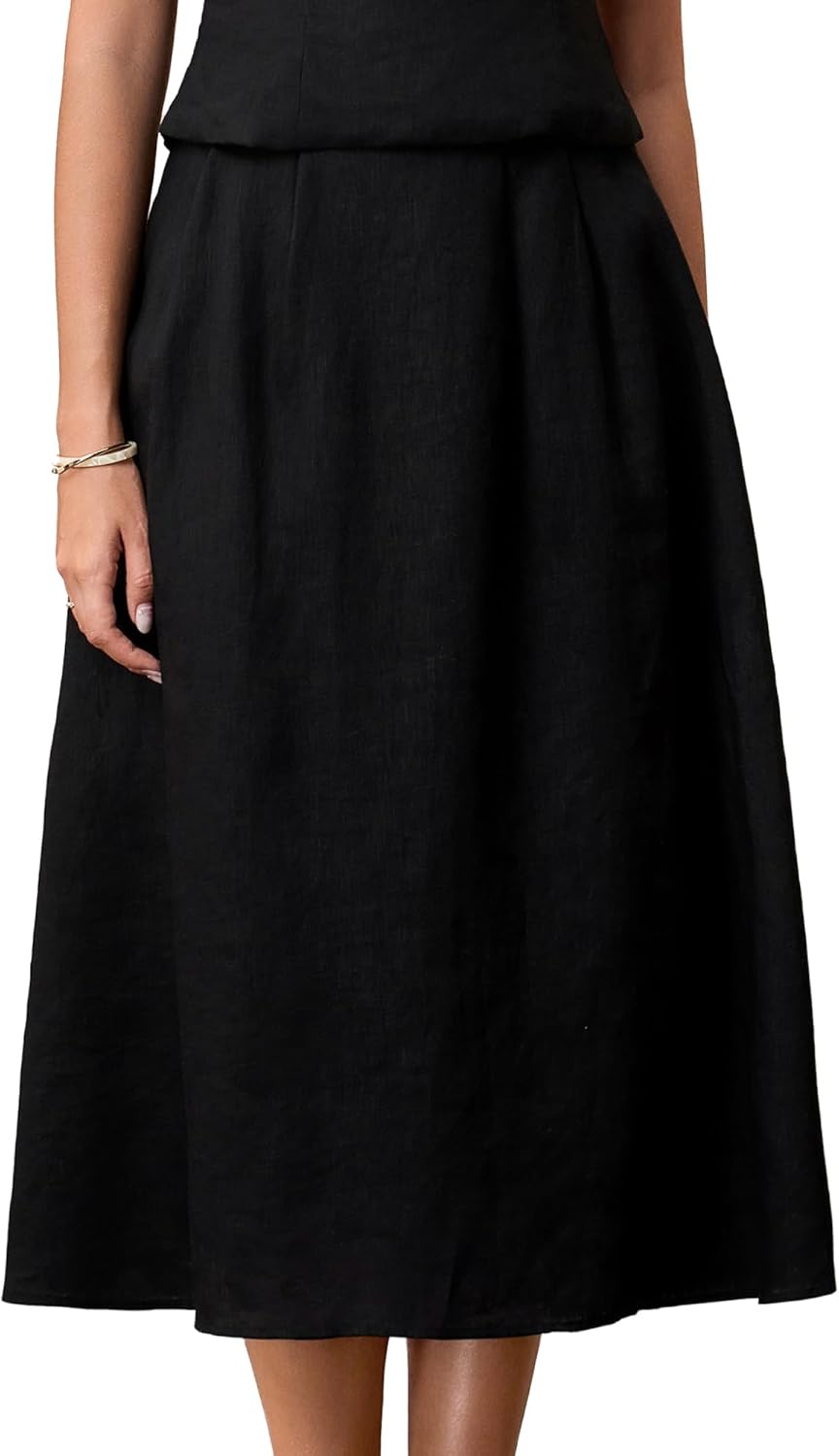 Women's Linen Midi Long Skirt High Waist A-Line Flowy Maxi Skirts Casual Boho Beach Dress