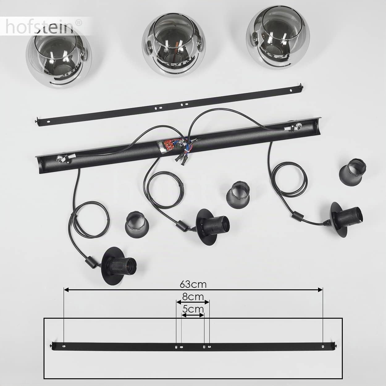 Sernf sospensione in metallo/vetro in colore nero/fumo, lampada a sospensioni con paralume in vero vetro (Ø 16,5 cm), 3 x E27, senza lampadina/e
