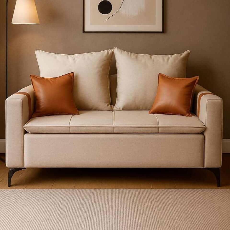 Sofá Boston 2 Lugares 140 cm Estofado Em Linho Premium com Pés de Ferro Almofadas Decorativas Sala Estar Recepção - AV (BEGE/CARAMELO)