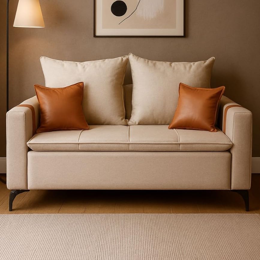 Sofá Boston 2 Lugares 140 cm Estofado Em Linho Premium com Pés de Ferro Almofadas Decorativas Sala Estar Recepção - AV (BEGE/CARAMELO)