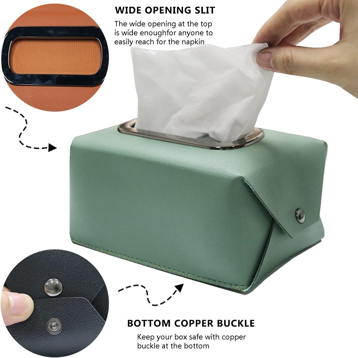 Leather Tissue Box Cover, Modern Decorative PU Leather Rectangular Tissue Box Case Organizer Holder for Vanity Countertop, Night Stands, Livingroom, Office Desk & Car (Green) image 3