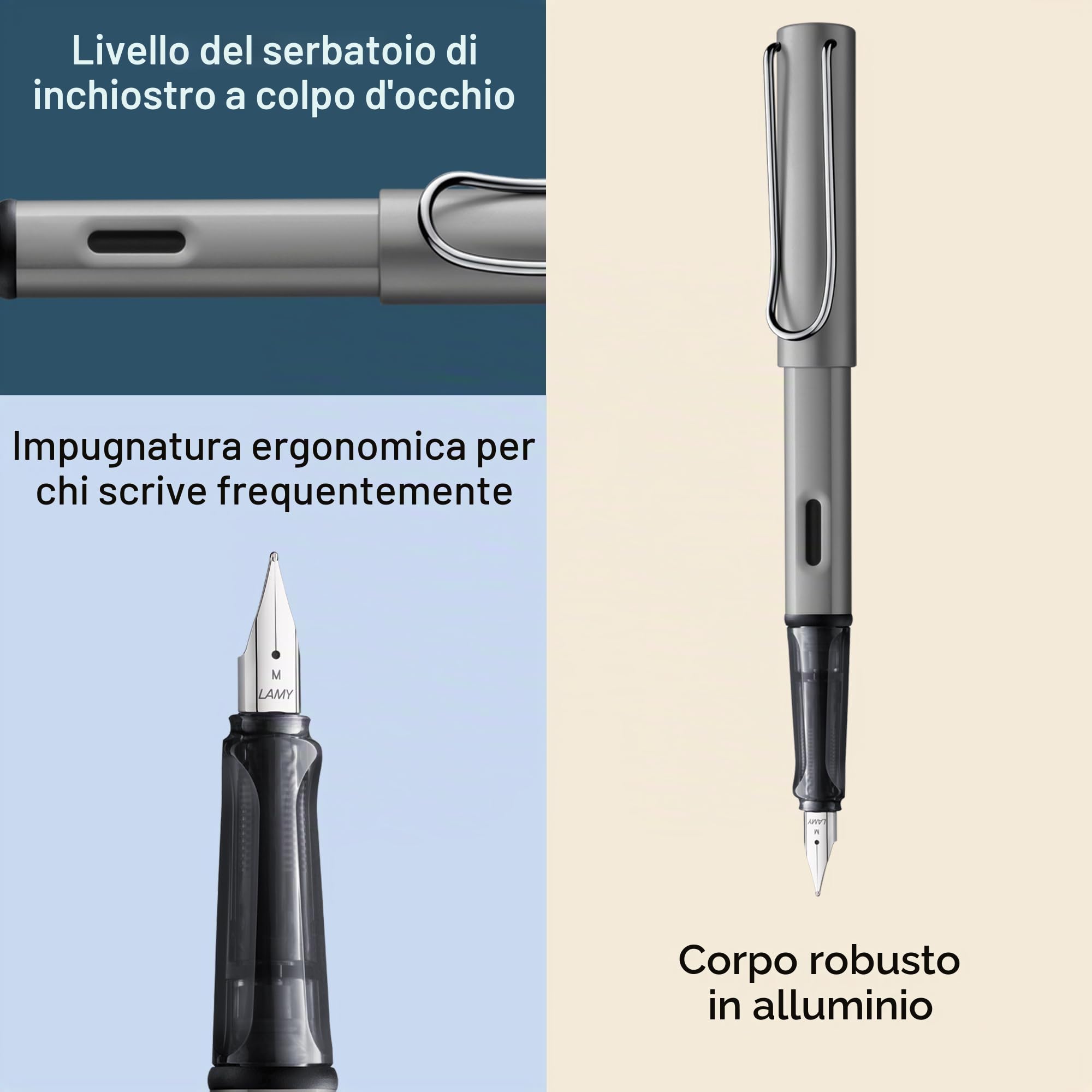 Lamy AL-star graphite - Stilografica con impugnatura ergonomica e pennino in acciaio lucido misura F - corpo in alluminio leggero - cartuccia T 10 blue inclusa - destrimani