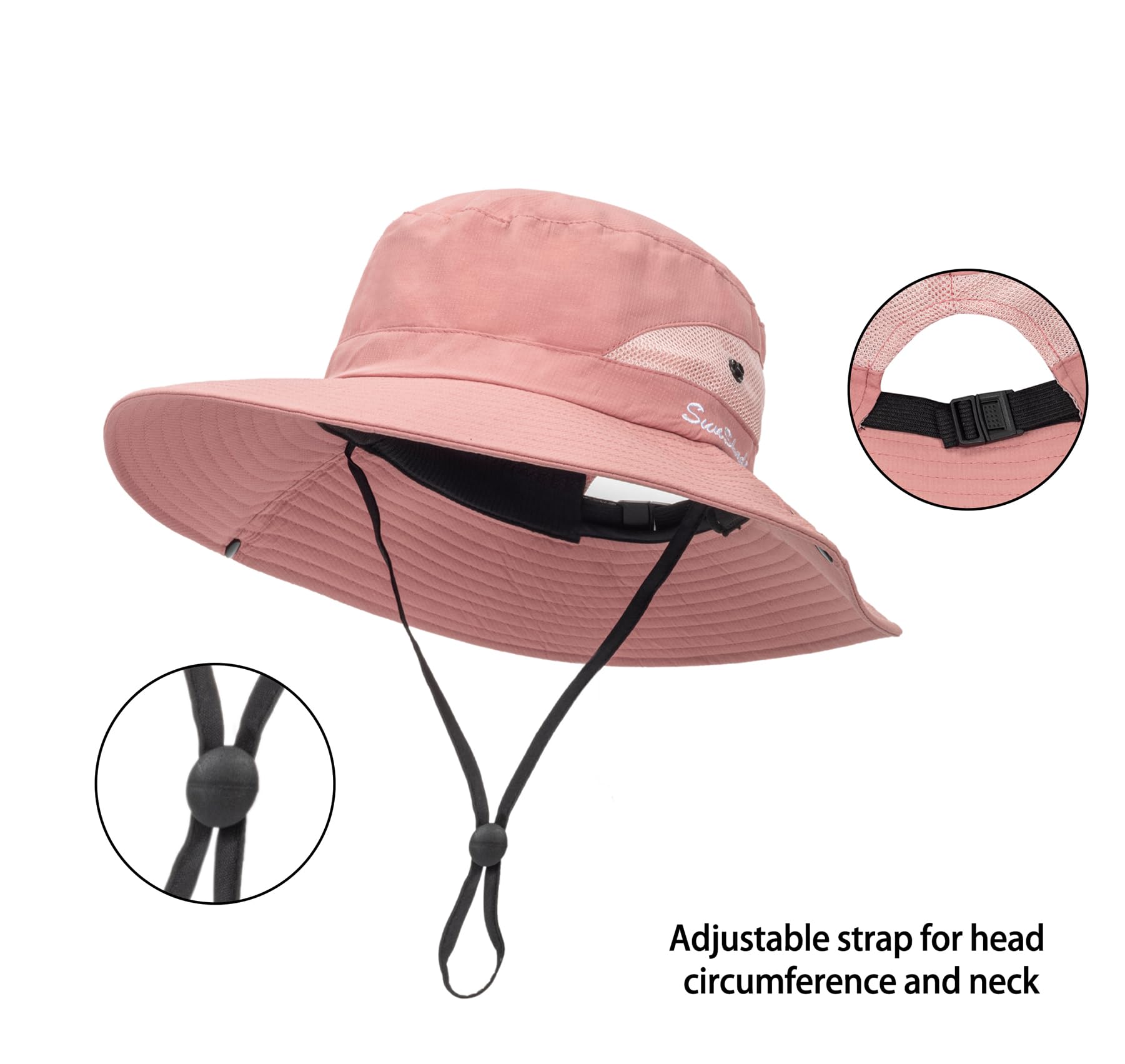 Womens Summer Sun Hat Beach Hat Wide Brim Outdoor UV Protection Hat Packable Mesh Bucket Hat with Ponytail Hole, Solid Pink, M - Image 2