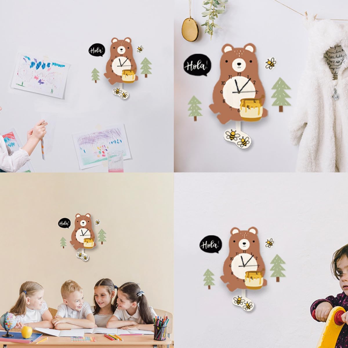 Lurrose Reloj de Pared Infantil Oso Dibujos Animados, Silencioso para Habitación Ñiño, Decoración Mural Ecológica para Aula y Dormitorio, Diseño Colgante Péndulo Pequeño