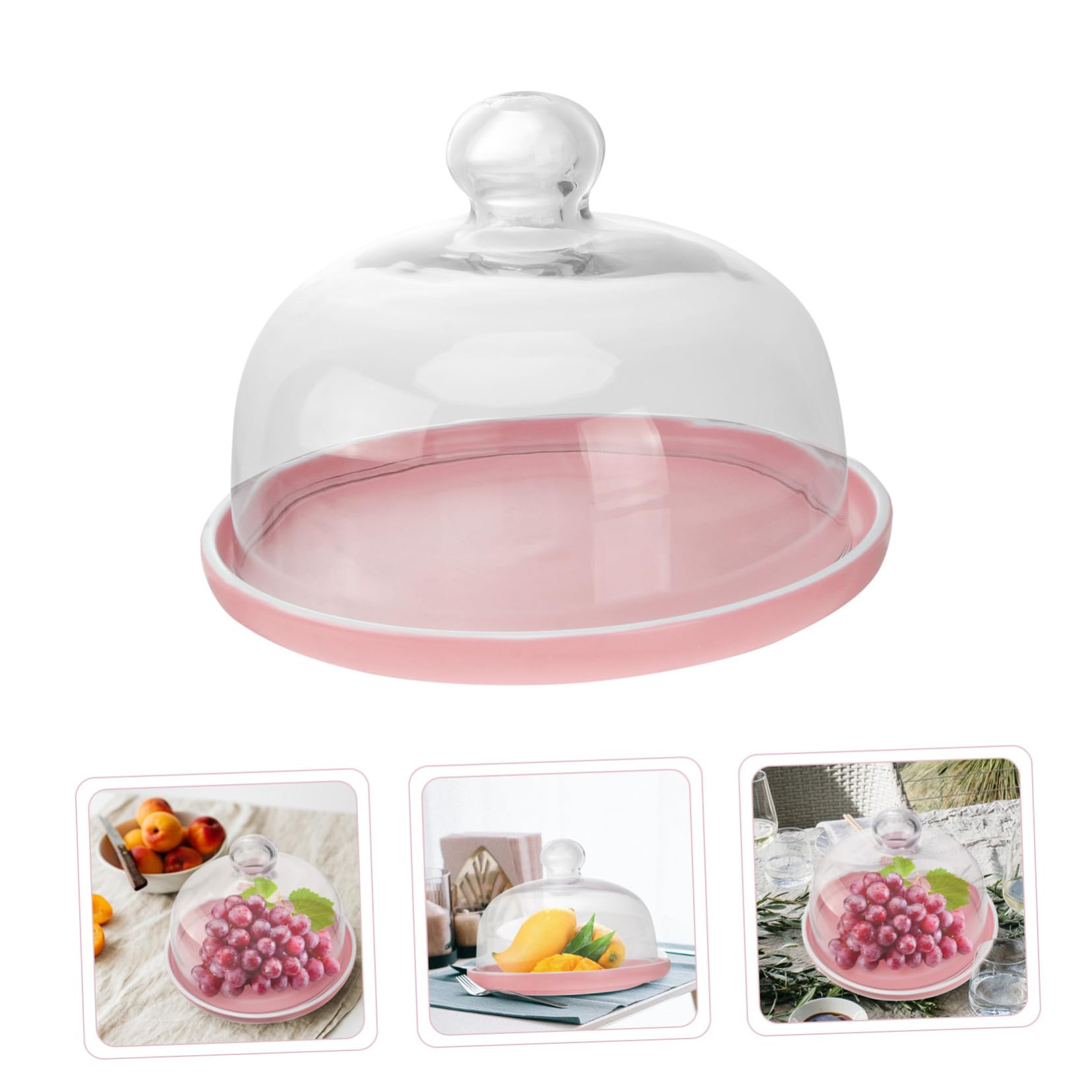 Rosa Keramik Dessertteller mit Glasdeckel, 1 Satz für Snacks