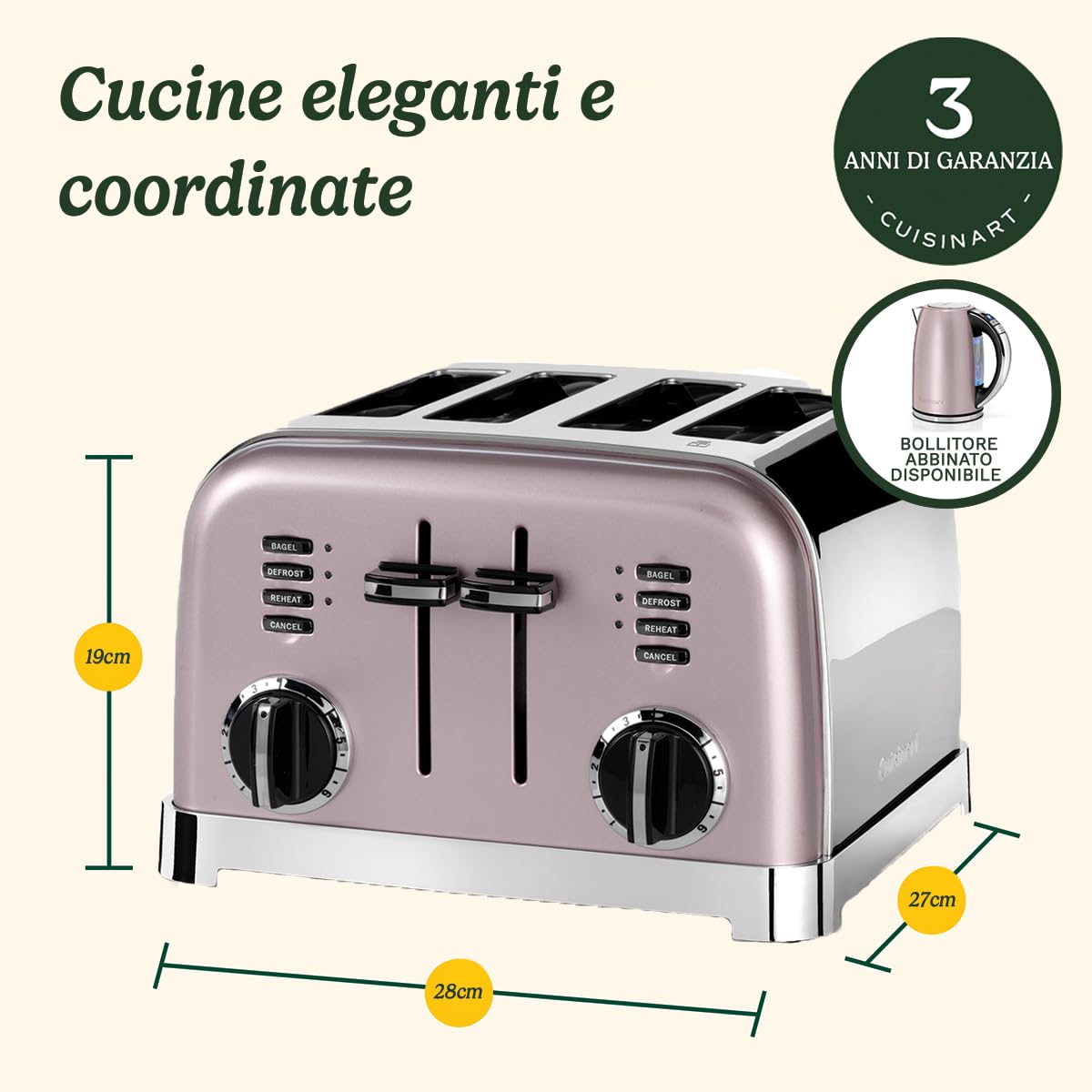 Cuisinart Tostapane a 4 fette | Ampie fessure, ideale per pane spesso e bagel | 6 livelli di doratura più scongelamento | leva di sollevamento alta | Bollitore abbinato disponibile | Rosa d'epoca