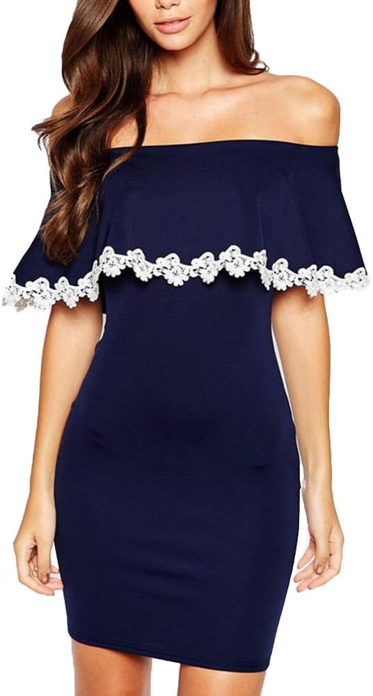 Cfanny Women's Strapless Bardot Bodycon Dress with Lace Trim