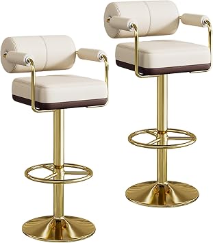 Vigosit Bar Stools Set of 2, Comfortable PU Leather Upholstered Modern Kitchen Barstools with Metal Base, Swivel Bar Chairs with Backrest and Armrests for Dining Room or Pub, White