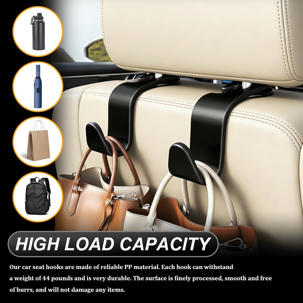 Car Seat Headrest Hooks, 4 Pack Heavy Duty Back Seat Organizer Hangers, Universal Car Storage Hooks for Purses, Handbags, Groceries, Backpacks, Coats and Clothes, Interior Accessory(Thick Black) image 3