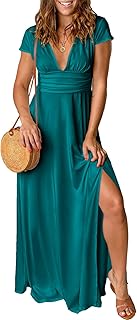 Women Summer Deep V Neck Short Sleeve Dresses Slit Elegant Wedding Guest Formal Cocktail Evening Maxi Long Dress - Buy now