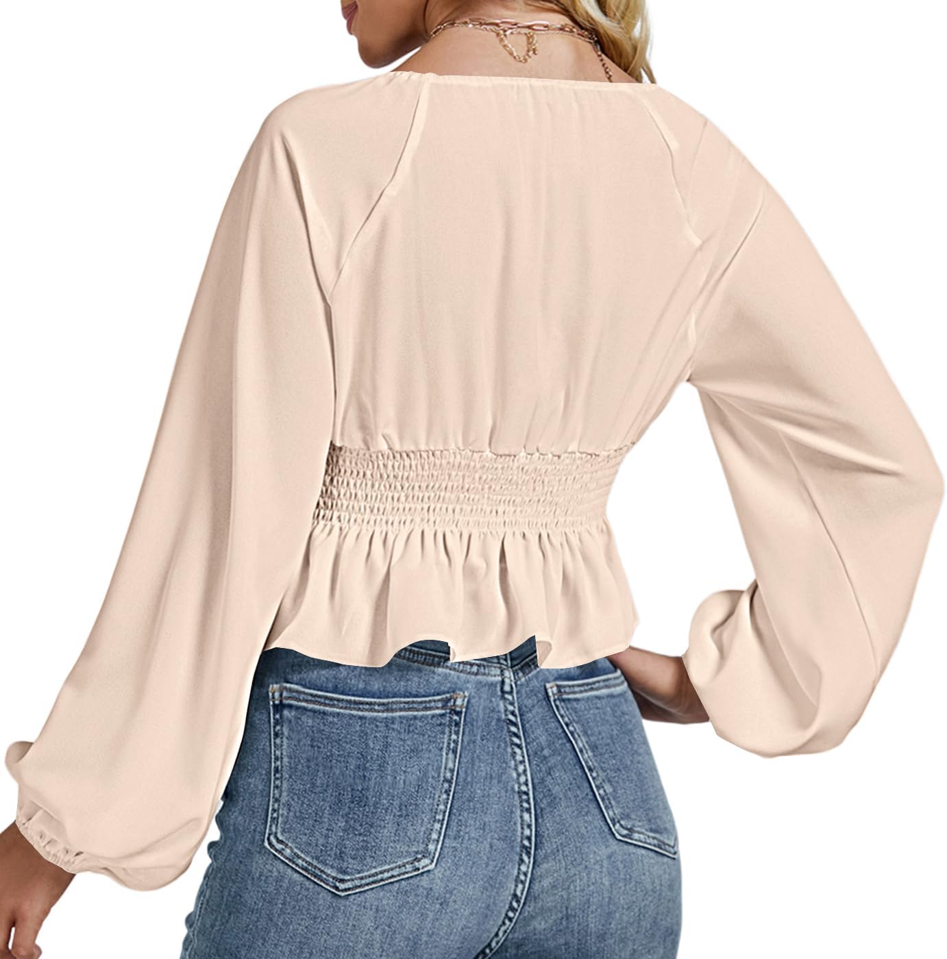 Rooscier Women's Square Neck Lantern Long Sleeve Shirred Waist Ruffle Peplum Crop Top Blouse - Image 2