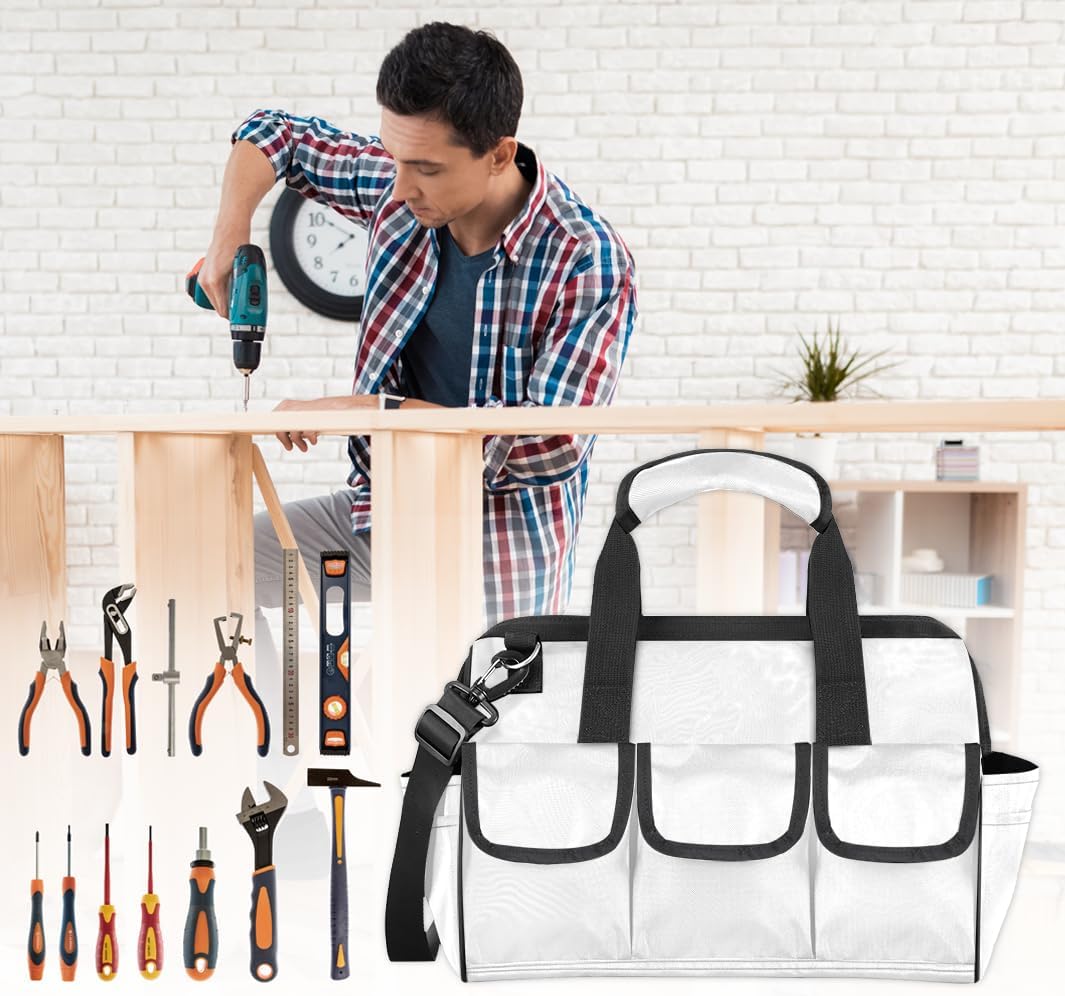 Colored Off-road Vehicle Tool Bags for Men Women Multi-Pockets Wide Mouth Tool Organizer Storage Tote Bag Waterproof Stroage Bags with Adjustabe Shoulder Straper for Car Electrician Garden